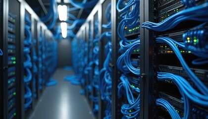 Obraz premium Long server room corridor. Many server racks with blue cables for data transfer and electricity. Tech equipment for cloud services and data storage. Modern datacenter power supply system.