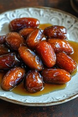 A pile of plump dates glistening with a sweet brown sugar glaze, arranged on a decorative, round plate. Delicious and nutritious dessert option or snack.