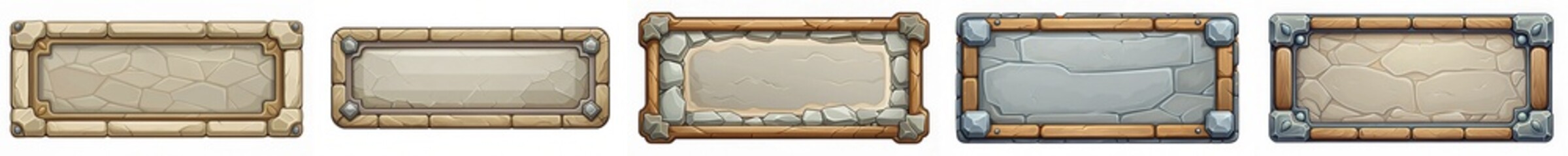 Five different wooden frames, each with a different color and texture. The frames are arranged in a row, with the first frame on the left and the fifth on the right. The frames appear to be old