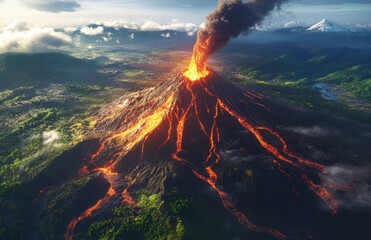 An active volcano spews fiery lava from its summit, creating bright orange rivers that cascade down its slopes. Dark smoke billows into the sky, highlighting the intensity of the eruption
