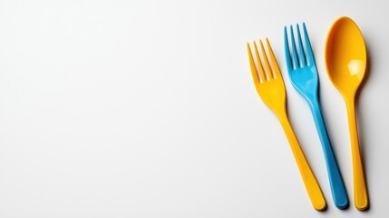 A vibrant collection of yellow and blue plastic cutlery arranged neatly against a clean, light background, perfect for outdoor dining or celebrations.