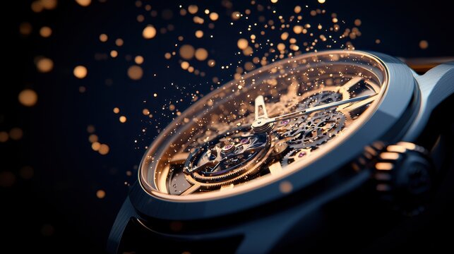 Close-Up of Intricate Mechanical Watch with Sparkling Bokeh Effect