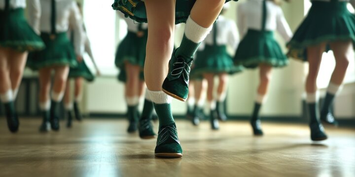 A group of ballet dancers in uniform, practicing formation and foot positioning.