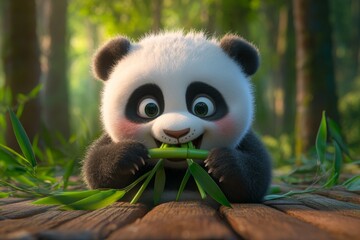 Obraz premium Cute panda eating bamboo in a forest during daytime
