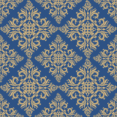 Vector seamless pattern of blue and yellow, bright, playful and colorful. Use for ceramic design, tiles, fabric patterns, prints, backgrounds, tablecloths.