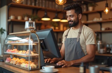 Indian barista or owner using computer cashbox in store checking client order. Waiter in apron works in coffee shop. Small business, people and service industry. Barkeeper accepts payments, smiles.