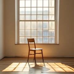 Wooden chair bathed in sunlight from a large window in a minimalist room.