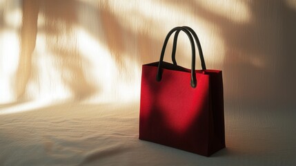 A striking red tote bag is softly illuminated, casting gentle shadows on the neutral backdrop.