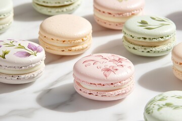 Obraz premium elegant arrangement of artisan hand painted floral macarons, delicately placed on a pristine white marble surface