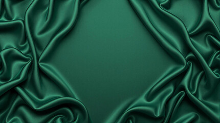 Emerald green satin fabric, wavy abstract satin cloth texture pattern, top view green drapery silk fabric luxury background with space on the center for design