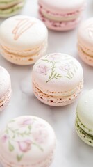 Obraz premium elegant arrangement of artisan hand painted floral macarons, delicately placed on a pristine white marble surface