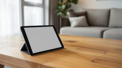 Blank white screen computer tablet putting on wooden desk at the living room as background