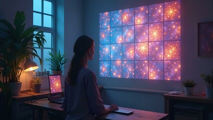 Fototapeta premium A stunning array of glowing fractals hangs from the ceiling, illuminating a darkened room with a soft blue-green light.