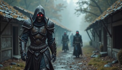 Fototapeta premium Armored skeleton warriors with glowing red eyes, marching through misty forest village in eerie atmosphere