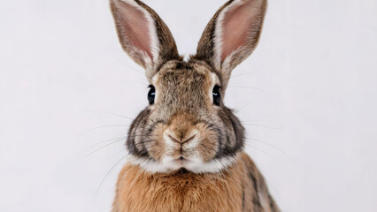 Obraz premium Close-Up Portrait of a Brown Rabbit with Fluffy Fur, Long Whiskers, and Large Ears on a White Background