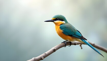 Soft-focus portrait of a vibrant exotic tropical bird gracefully perched on a tree branch, showcasing its colorful plumage in a serene natural setting, with a blurred background
