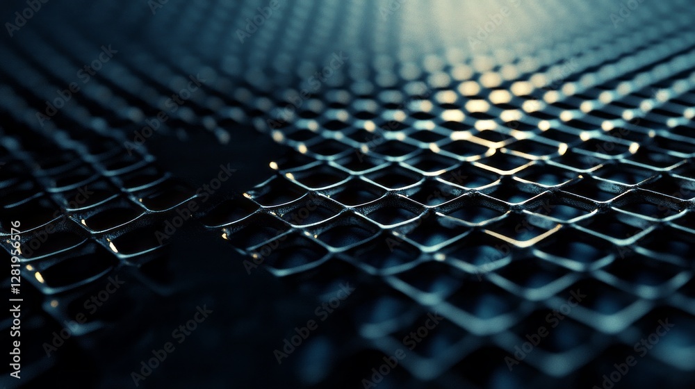 Poster shadows and highlights dance across a dark metal mesh, forming an intricate hexagonal pattern. this 