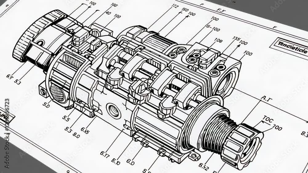 Aufkleber Technical blueprint visualizing industrial pump, rotating slowly with detailed cross sectional view revealing complex mechanical components and precision engineering design