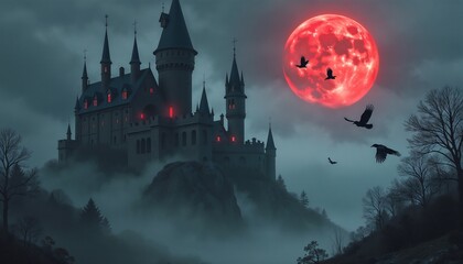 Gothic castle on a rocky hill, illuminated by red moonlight, surrounded by dark clouds and flying crows