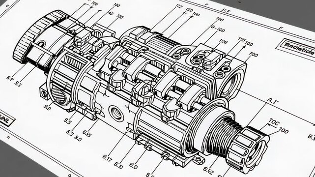 Technical blueprint visualizing industrial pump, rotating slowly with detailed cross sectional view revealing complex mechanical components and precision engineering design