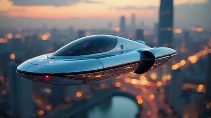 A sleek hovercraft suspended in mid-air, glistening with iridescent sheen under twinkling city lights.