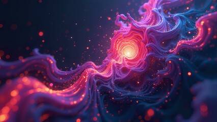 Vibrant neon colors dance across a dark background amidst intricate fractal patterns and mesmerizing rhythmic sequences.