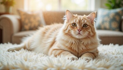 Fluffy orange cat relaxing comfortably on a soft rug in a cozy living room with bright sunlight