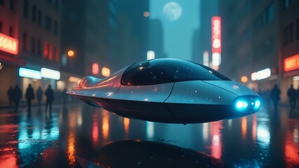 A sleek, aerodynamic pod hovers above the city, casting an otherworldly blue glow over neon-lit streets.