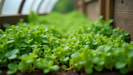 A lush carpet of emerald microgreens and vibrant herbs, thriving in miniature plots within an old wooden greenhouse's rustic walls.