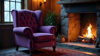 Fototapeta premium A vintage armchair sits near a roaring fire in a wooden cabin, surrounded by warm candlelight and rich textures.