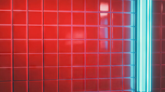 Vibrant red tiled wall with blue neon diner sign
