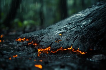 Fototapeta premium Glowing lava cools in the rain-soaked forest, showcasing nature's dramatic contrasts and fiery transformation