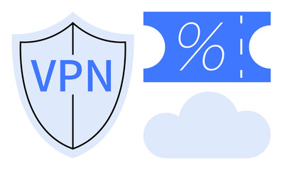 VPN security shield, discount coupon with percent sign, and cloud icon representing internet security, savings, and cloud services. Ideal for cybersecurity, online privacy, discounts, cloud storage