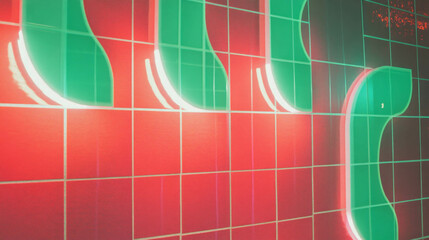 Neon abstract on red tiled wall with green curves for modern design