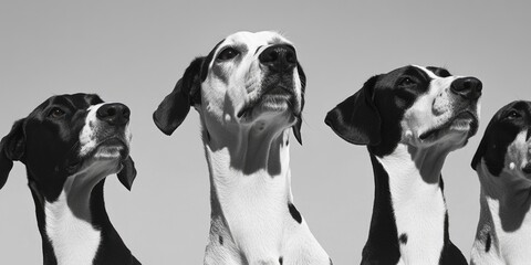 Four Dalmatian dogs looking upwards with identical expressions, showcasing their black and white spotted pattern.