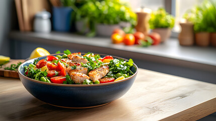 Fresh Grilled Chicken Salad with Vegetables and Lemon