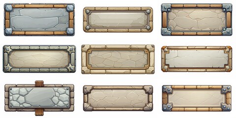 A set of wooden signs with a stone border. The signs are all different sizes and shapes. Scene is rustic and natural, with the wooden and stone elements creating a sense of warmth and earthiness