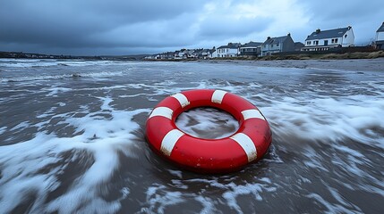 Naklejka premium Coastal Life Ring Stormy Sea Village