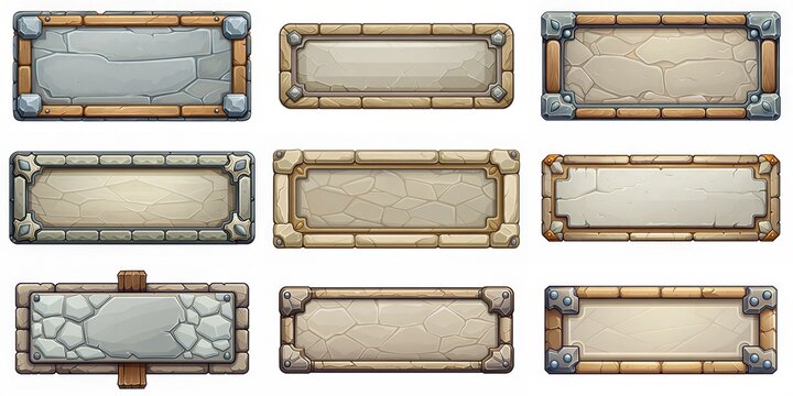 A set of wooden signs with a stone border. The signs are all different sizes and shapes. Scene is rustic and natural, with the wooden and stone elements creating a sense of warmth and earthiness