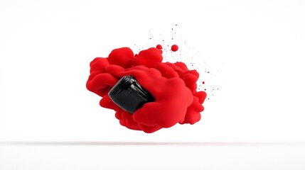 Red Ink Splatter with Black Bottle in Isolated Background