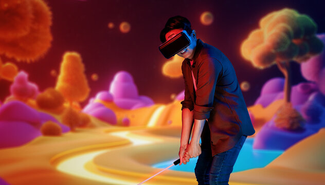 Skilled gamer wearing VR glasses while playing golf at metaverse or golf court with purple sky. Attractive golf player or athlete practicing sport skill while entering in simulated world. Ingenuity.