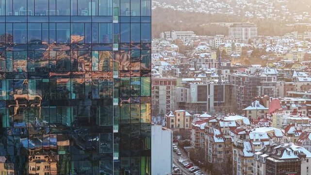 Modern Business Center with Stunning Reflections at Sunset