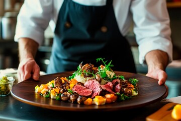 A skilled chef carefully showcases a delicious, arranged plate featuring tender meat paired with roasted vegetables in a modern kitchen. Fresh ingredients enhance the presentation and aroma