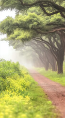 Obraz premium Serene Foggy Pathway Surrounded by Lush Trees and Greenery