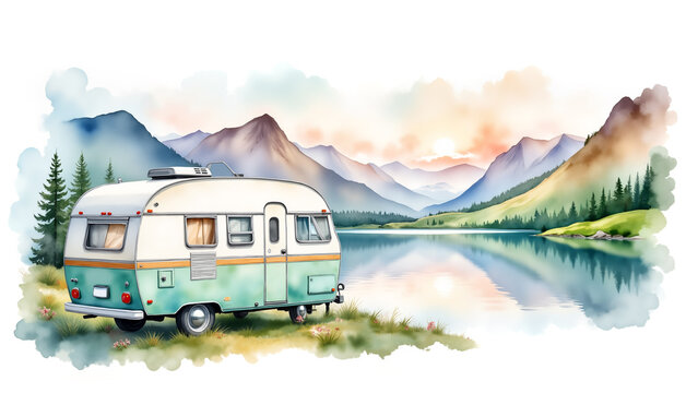 Watercolor illustration of a camper van parked by a mountain lake, peaceful reflections on the water, soft natural colors, tranquil and free-spirited background