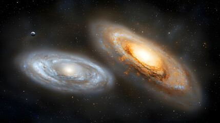 Galactic collision event outer space digital art cosmic environment wide angle view astronomical concept