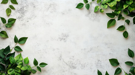 Banner with Natural Eco-Friendly Theme Featuring Green Leaves, Wood Textures, and Earthy Tones on a Textured White Background copy space
