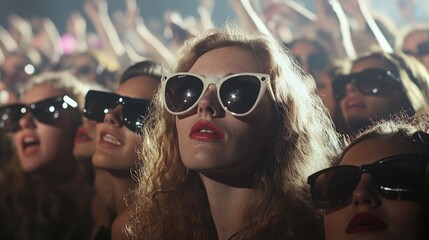Group of young women with red lipstick and white sunglasses, posing together with cheering crowd in background.