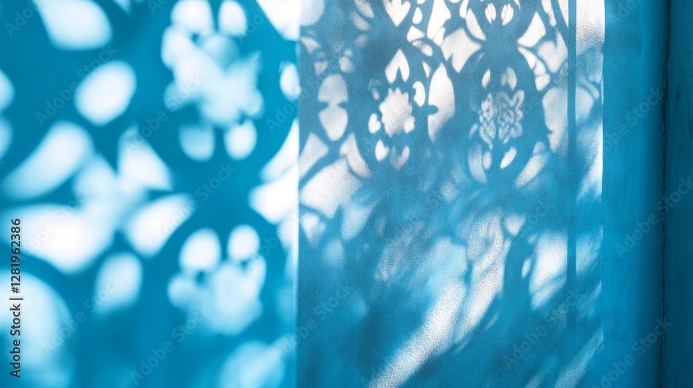 Poster Shadows gracefully intertwine with a soft light blue background, revealing intricate patterns and forms that evoke a sense of calm and whimsy in the atmosphere.