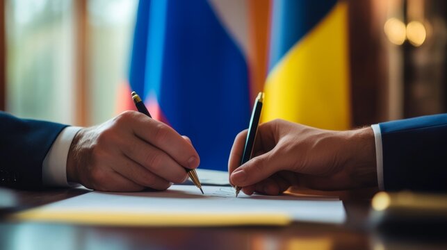 Close up of hand signing ceasefire agreement with russian and ukrainian flags in background